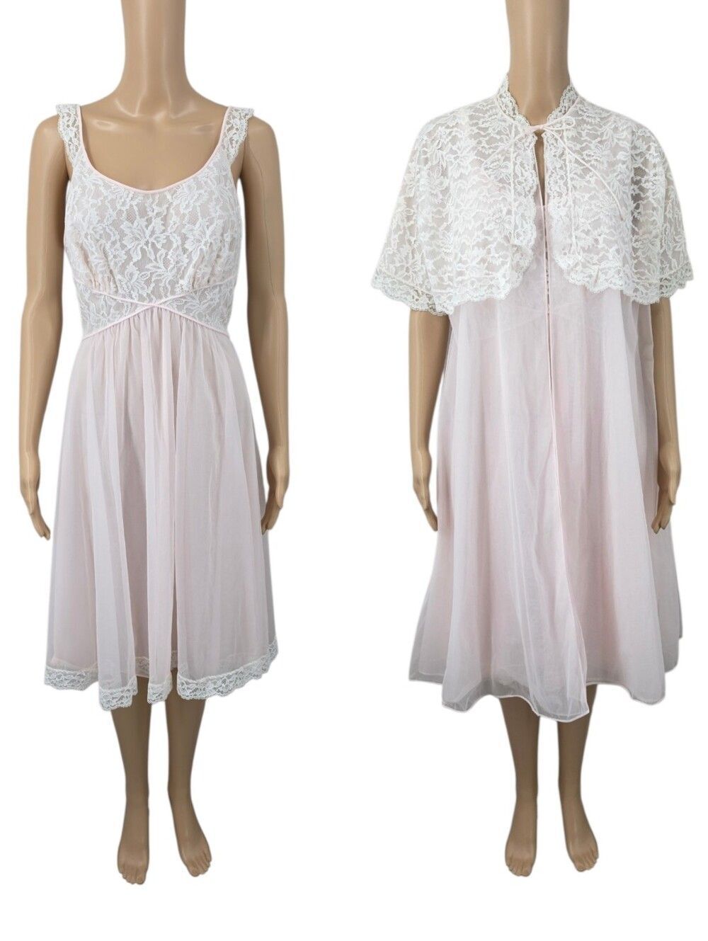 Vanity Fair Vintage Peignoir Robe Nightgown Set Light Pink with White Lace